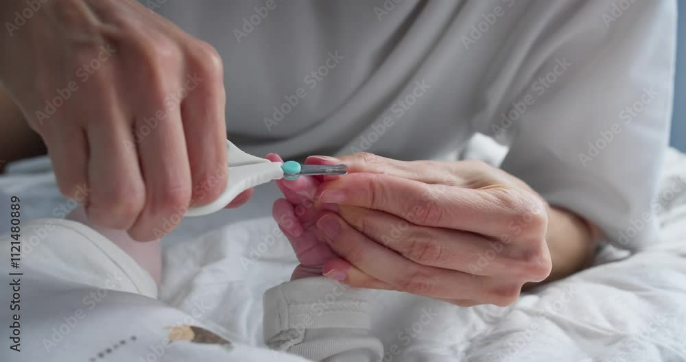 Mom care, a mother uses safe scissors to trim her infant baby nails, ensuring hygiene Mom care, a mother uses safe scissors to trim her infant baby nails, ensuring hygiene