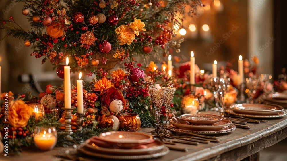 Autumn Dining Table Decorated with Candles and Leaves Autumn Dining Table Decorated with Candles and Leaves
