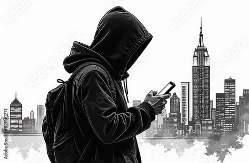 Silhouette of a man in a black hoodie holding a phone and dialing a number against the backdrop of a city and high-rise buildings. Concept of the fight against telephone scammers, hackers.