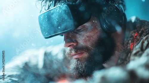 In this striking image, a bearded man with VR gear appears pensive and absorbed in thought, highlighting the emotional journey of virtual exploration. photo