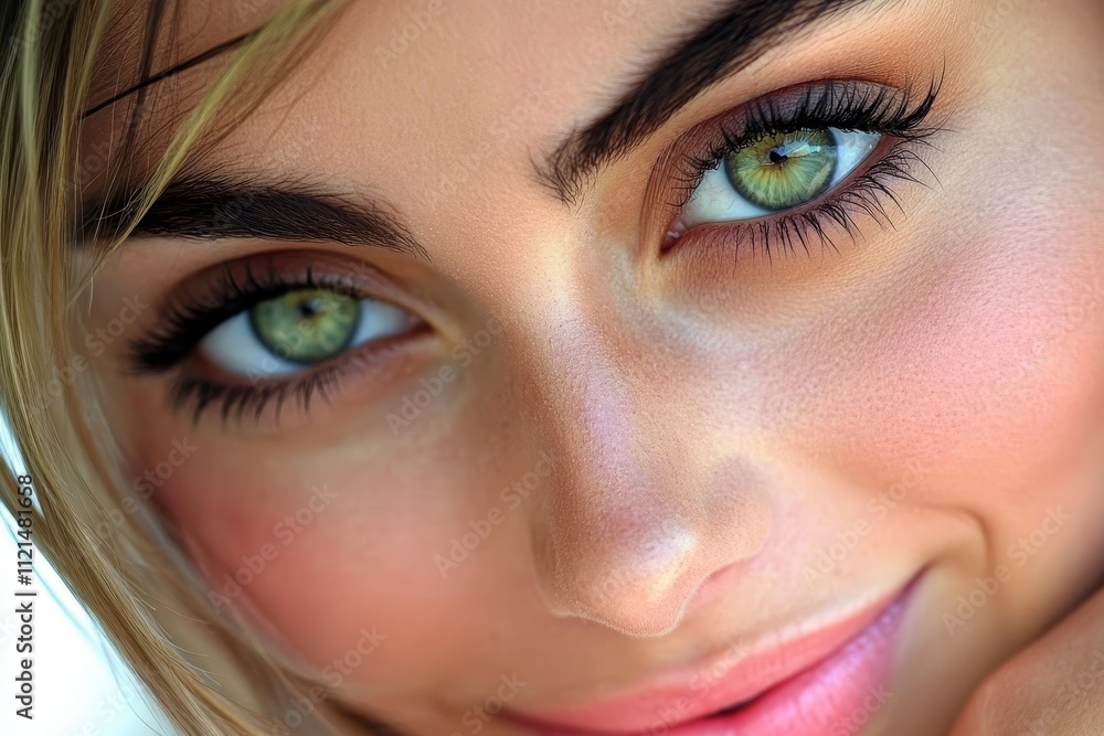 Fototapeta premium Close-Up Portrait of a Smiling Young Woman with Striking Green Eyes and Light Blonde Hair, Exuding Natural Beauty and Warmth in a Soft, Dreamlike Setting