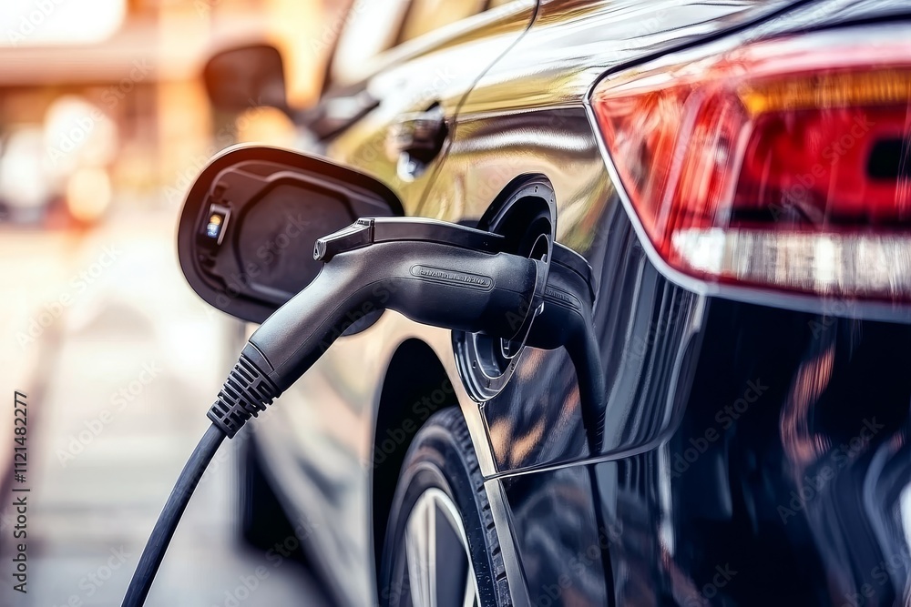 Close-Up View of Electric Vehicle Charging Connector Attached to a Car, Highlighting the Modern Technology of Clean Energy and Sustainable Transportation Solutions Close-Up View of Electric Vehicle Charging Connector Attached to a Car, Highlighting the Modern Technology of Clean Energy and Sustainable Transportation Solutions