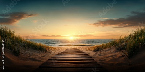 Fototapeta Naklejka Na Ścianę i Meble -  Pathway leading to a serene beach at sunset