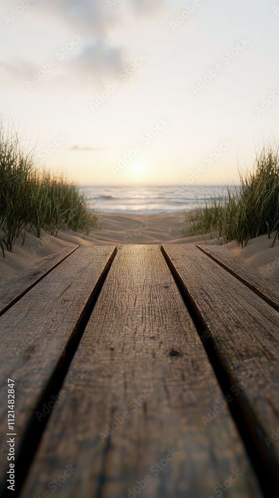 Pathway to the beach at sunset with gentle waves in view Pathway to the beach at sunset with gentle waves in view