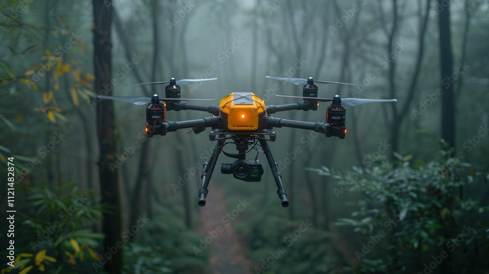 Exploring the misty forest with a drone capturing nature's secrets in twilight. Generative AI Exploring the misty forest with a drone capturing nature's secrets in twilight. Generative AI