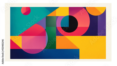 
A vibrant composition of overlapping geometric shapes in bold colors, creating depth and texture with a modern, minimalist aesthetic.