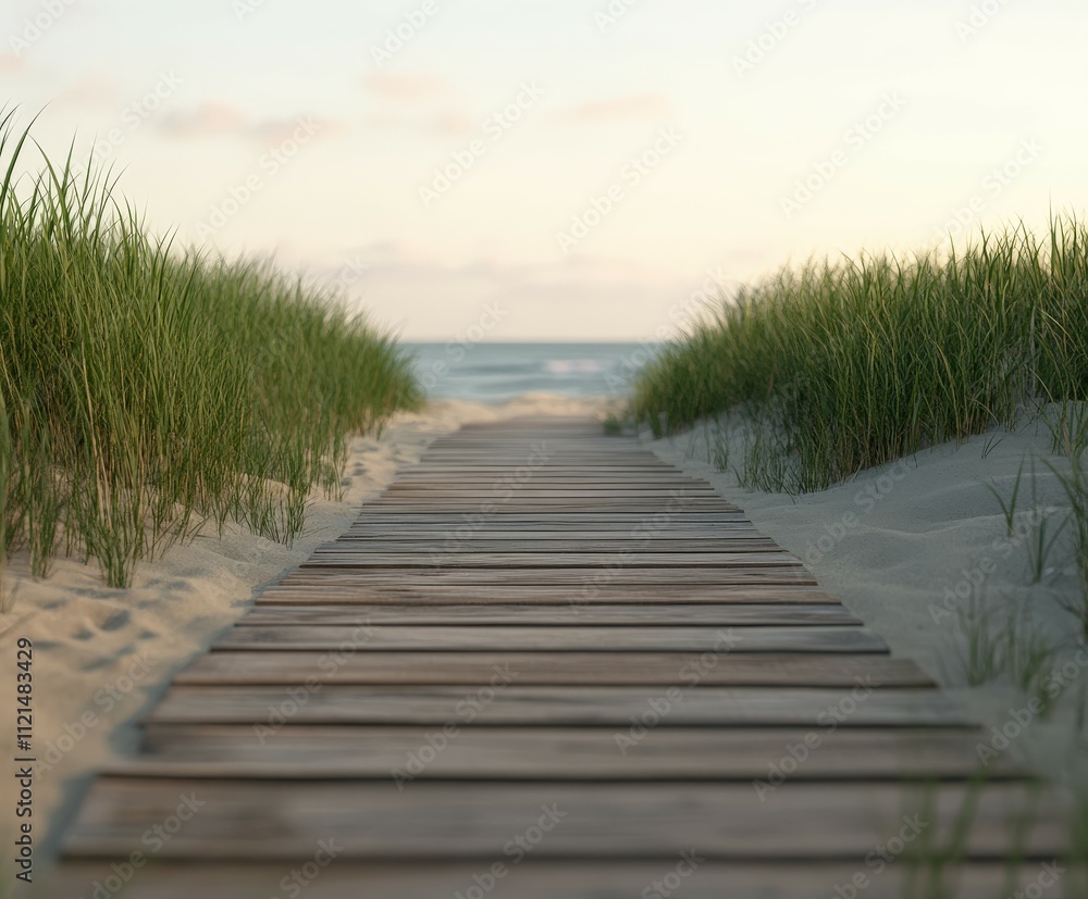 Fototapeta premium Serene wooden pathway through beach grass leading to ocean