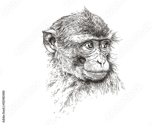 Vintage art wildlife illustration, hand-drawn macaque black sketch effect, animal art wall decor, trendy design, old engraving style, wildlife decor, modern home art, animal sketch.