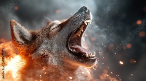 A majestic wolf, mouth wide open as flames erupt around it, captured in a powerful moment of animation, highlighting its fierce, determined, and timeless essence. photo