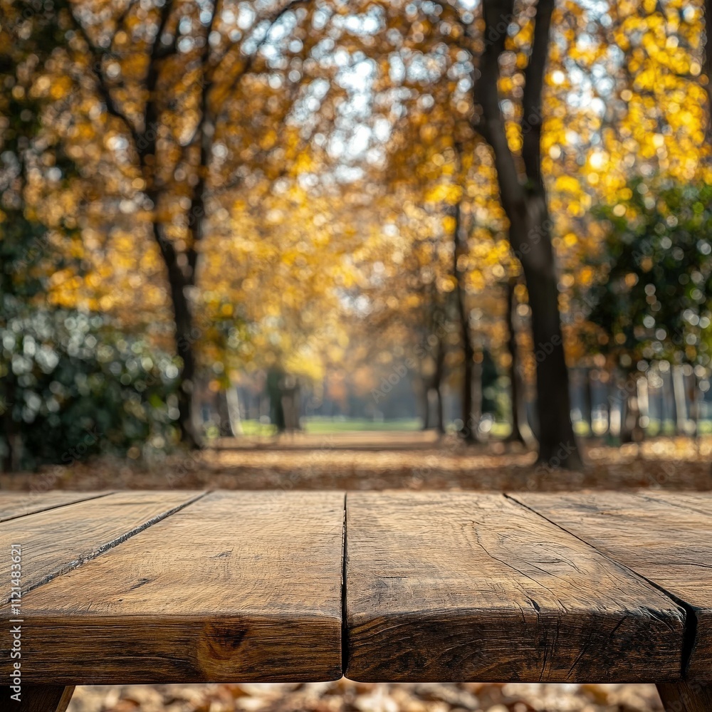 Autumn scene featuring a wooden table in a forest park Autumn scene featuring a wooden table in a forest park