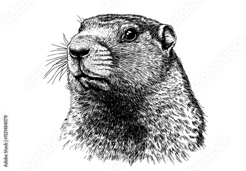 Vintage art, hand-drawn marmot sketch, animal print, black engraving effect, trendy illustration, old-style, white background. photo