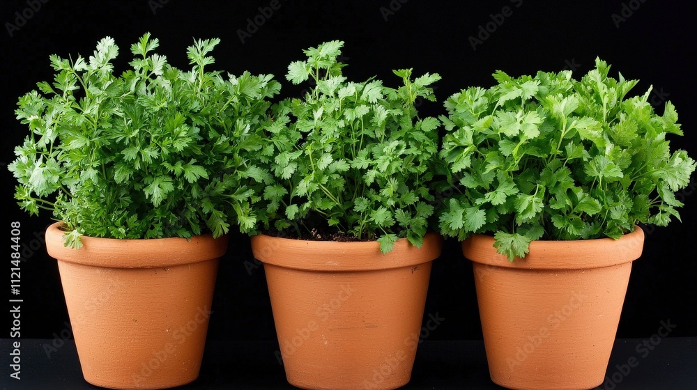 Three vibrant pots of fresh cilantro against a dark background, showcasing lush green leaves, perfect for culinary uses and home gardening. Three vibrant pots of fresh cilantro against a dark background, showcasing lush green leaves, perfect for culinary uses and home gardening.