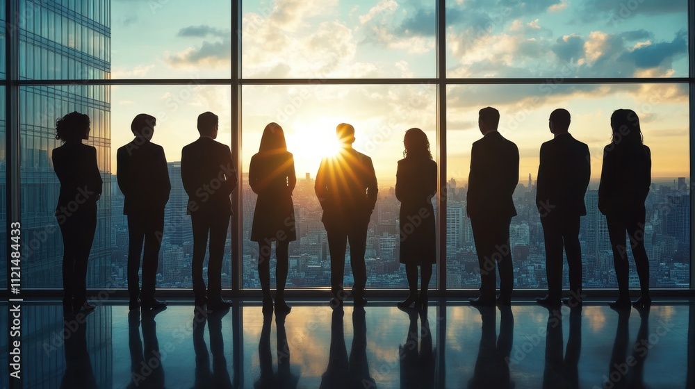 On the floor to ceiling long window of the office stands a row of business people, silhouetted figures illuminated by sunlight. On the floor to ceiling long window of the office stands a row of business people, silhouetted figures illuminated by sunlight.