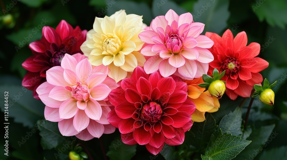 A vibrant arrangement of colorful dahlias in shades of pink, red, yellow, and coral, surrounded by lush green foliage. A vibrant arrangement of colorful dahlias in shades of pink, red, yellow, and coral, surrounded by lush green foliage.