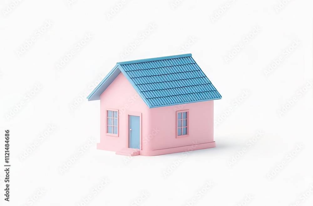 Pink house model with blue roof on white background. Pink house model with blue roof on white background.