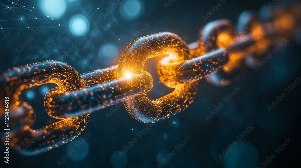 Close-up of a glowing chain link with digital effects and blue hues, symbolizing connectivity and technology. Close-up of a glowing chain link with digital effects and blue hues, symbolizing connectivity and technology.