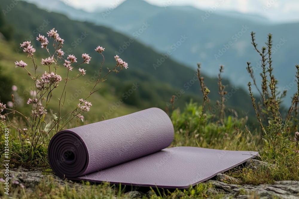 Relaxing yoga mat lays in serene mountain meadow surrounded by wildflowers on a clear day Relaxing yoga mat lays in serene mountain meadow surrounded by wildflowers on a clear day