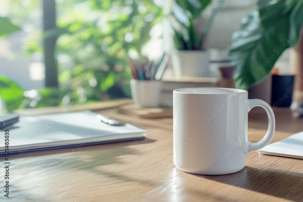 A minimalist workspace brightened by sunlight features a simple white mug, suggesting calm and focus. A minimalist workspace brightened by sunlight features a simple white mug, suggesting calm and focus.