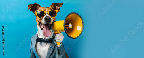 A dog dressed in a formal suit complete with a bow tie holds a megaphone