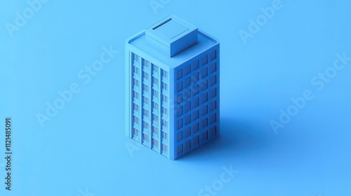 Isometric view of a simple blue building model on a blue background.