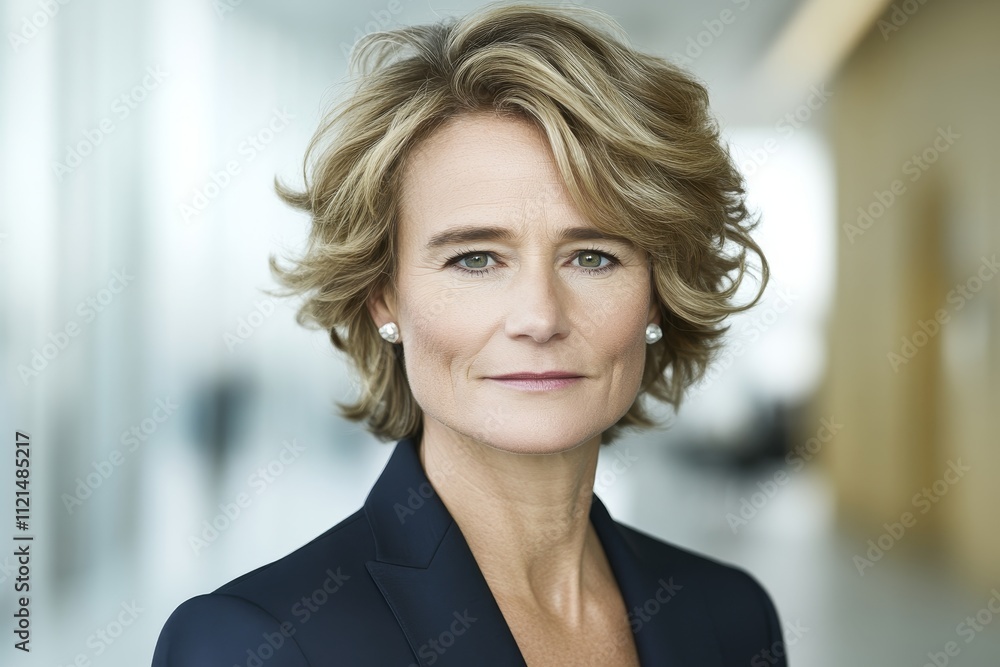 Confident businesswoman with stylish haircut in a modern office environment, showcasing determination and professionalism in her expression and demeanor Confident businesswoman with stylish haircut in a modern office environment, showcasing determination and professionalism in her expression and demeanor