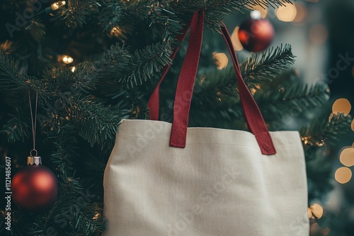 A canvas bag with red handles hangs on a Christmas tree, surrounded by glowing red ornaments, emanating a cozy festive atmosphere. photo