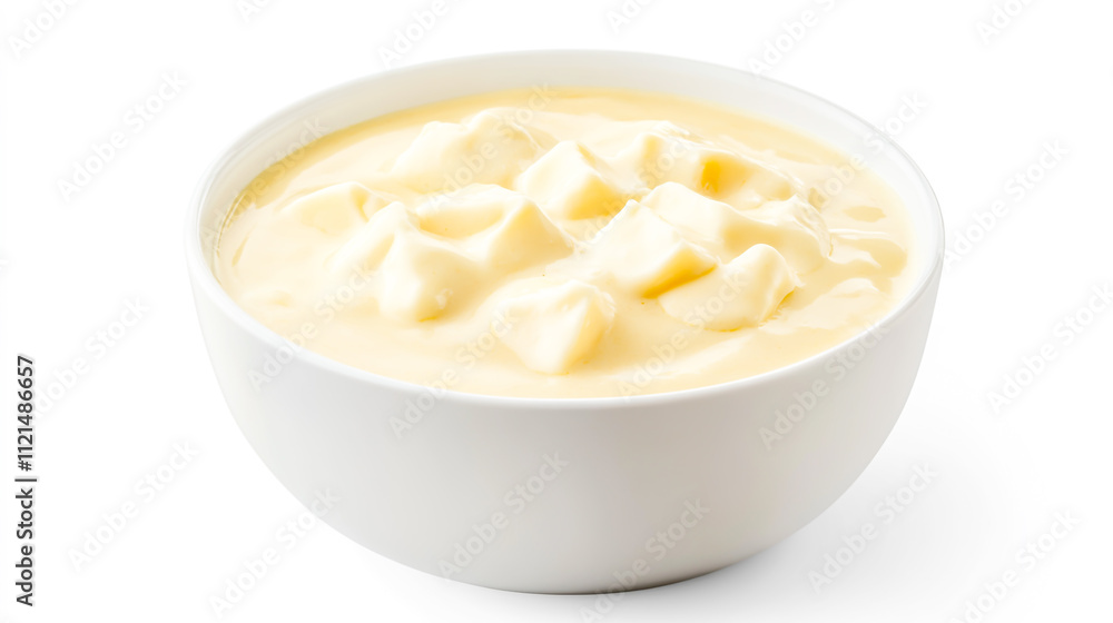 A bowl of creamy cheese fondue served with dipping items, isolated on a clean white background A bowl of creamy cheese fondue served with dipping items, isolated on a clean white background