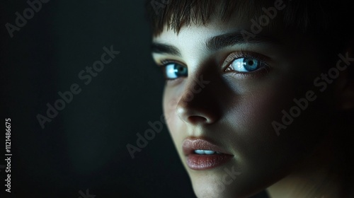 Close-up of young caucasian female with bright blue eyes in low light