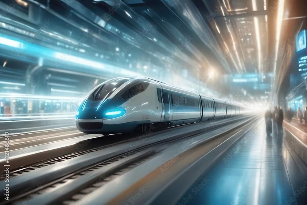 Futuristic high-speed train arriving at a modern station. Futuristic high-speed train arriving at a modern station.
