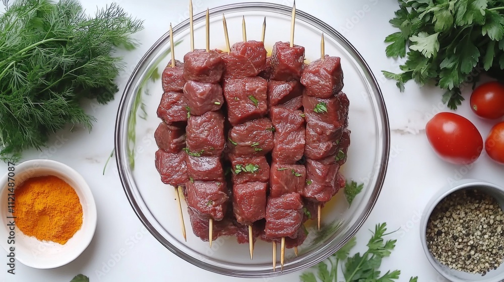Fresh Raw Beef Skewers Ready for Grilling with Aromatic Herbs Fresh Raw Beef Skewers Ready for Grilling with Aromatic Herbs
