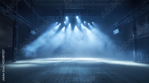 Large concert stage with spotlights and fog, illuminated by blue lights