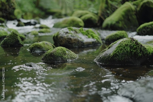 Calm stream water flows over mossy rocks, surrounded by lush greenery, creating a peaceful and refreshing natural retreat.