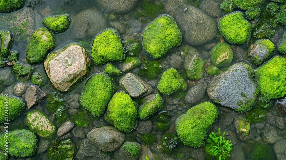 Exploring vibrant green moss-covered rocks in a serene stream nature scene aerial view tranquil environment for eco awareness Exploring vibrant green moss-covered rocks in a serene stream nature scene aerial view tranquil environment for eco awareness
