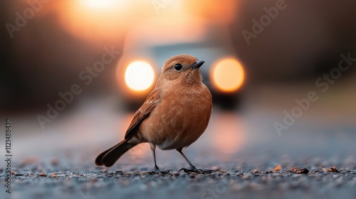 A small bird is photographed on a misty road at sunrise, with the glowing lights of a car softly illuminating the picturesque, tranquil morning setting. photo