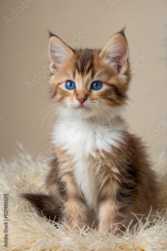 One lovely cute fluffy furry kitten brown white blue eyes on ivory background looking camera 