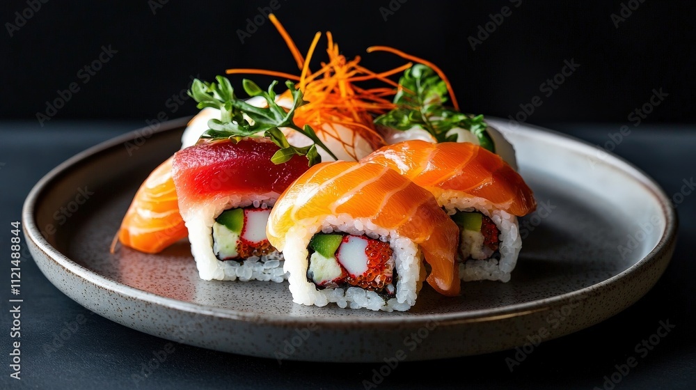 A vibrant plate of sushi featuring fresh salmon, tuna, and colorful garnishes, showcasing culinary artistry and appealing presentation. A vibrant plate of sushi featuring fresh salmon, tuna, and colorful garnishes, showcasing culinary artistry and appealing presentation.