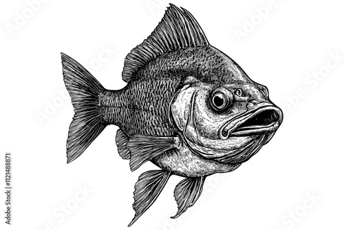 Black sketch piranha with old engraving effect, white background, vintage wildlife illustration, aquatic-themed trendy art, classic marine decor.