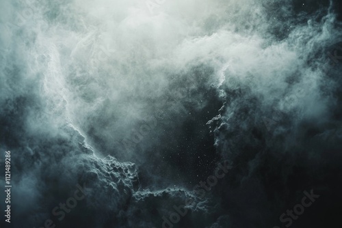 Billowing clouds of mist swirl in an ethereal dance, forming an abstract landscape that suggests mystery and depth in a monochromatic palette.