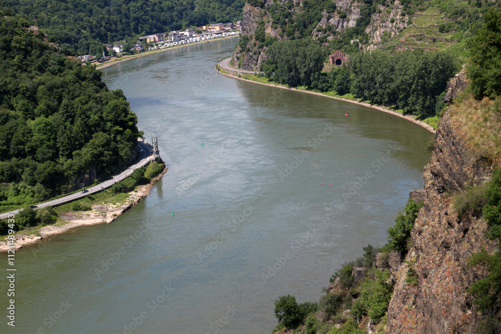View on the Rhine river on approach to Loreley - Rheinsteig - between Kaub and Saint Goarshausen - Hesse - Germany View on the Rhine river on approach to Loreley - Rheinsteig - between Kaub and Saint Goarshausen - Hesse - Germany