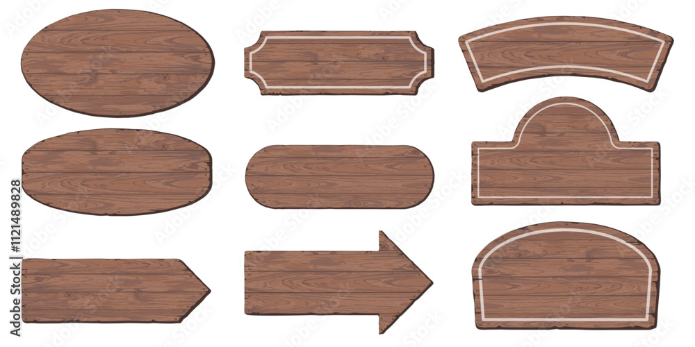 Blank signboard isolated various shapes made from cut timber panels and held together with brass rivets graphic illustrated. Set of nameplate wooden texture mocha mousse tone pattern frame. Blank signboard isolated various shapes made from cut timber panels and held together with brass rivets graphic illustrated. Set of nameplate wooden texture mocha mousse tone pattern frame.
