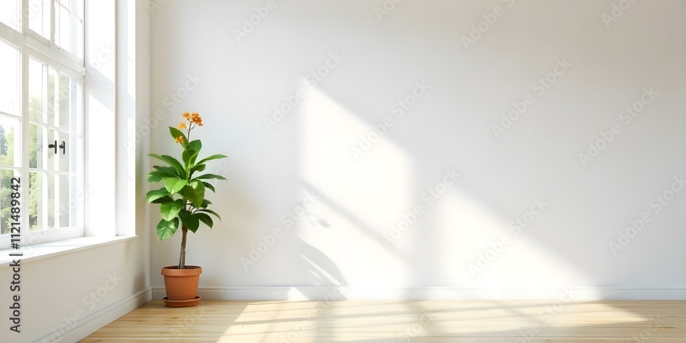 A bright, minimalist room with a large window letting in natural light. The room has white walls and a wooden floor. In the corner, there is a small potted plant with orange flowers A bright, minimalist room with a large window letting in natural light. The room has white walls and a wooden floor. In the corner, there is a small potted plant with orange flowers