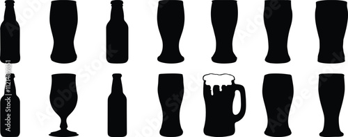 Beer silhouettes set, alcohol pack of vector silhouette design, isolated background