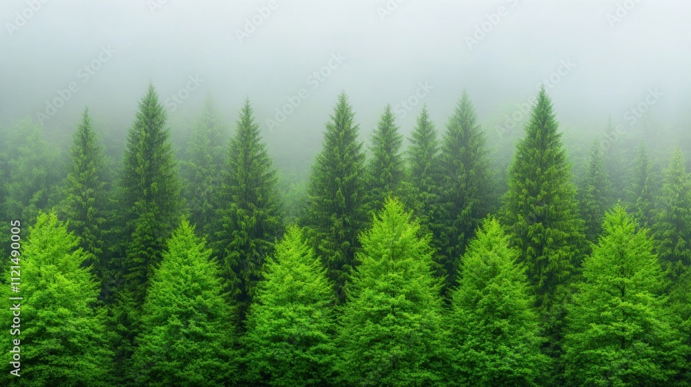 Fototapeta premium Misty forest with lush green trees in a serene atmosphere.