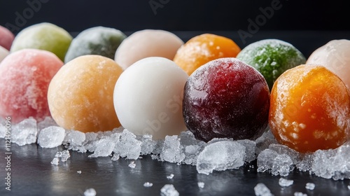 A delightful arrangement of various flavored frozen dessert balls rests on a bed of ice, each sphere displaying distinct, vibrant colors and frosty textures. photo