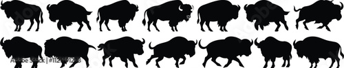 Bison silhouettes set, animal pack of vector silhouette design, isolated background