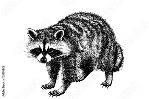 Antique style raccoon sketch, nocturnal forest animal, trendy wildlife vector illustration, vintage art print, black sketch effect on white background.