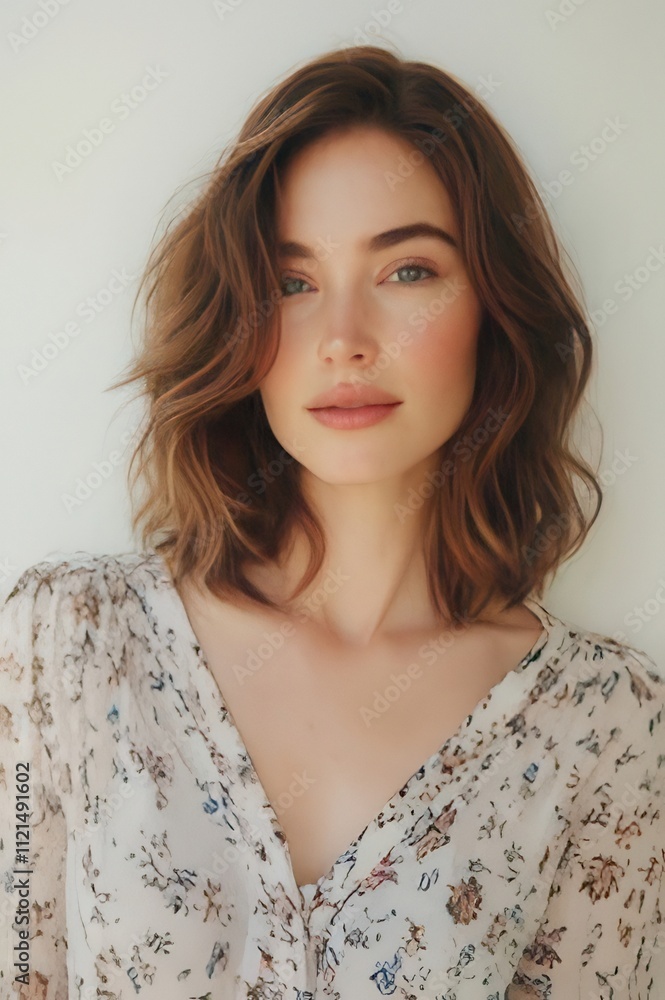 Young woman with shoulder-length wavy brown hair, wearing a floral blouse. Young woman with shoulder-length wavy brown hair, wearing a floral blouse.