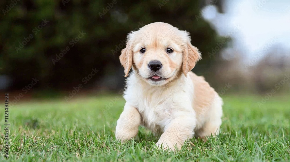 A playful golden retriever puppy exploring the grass in a sunny outdoor setting. A playful golden retriever puppy exploring the grass in a sunny outdoor setting.