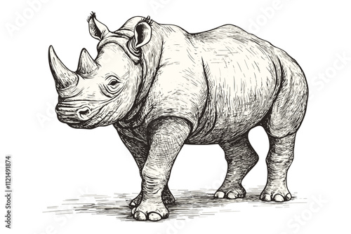 Vintage art illustration of a hand-drawn rhinoceros, black sketch effect on white background, endangered species, antique style, wildlife, large animal, vector print design, trendy.