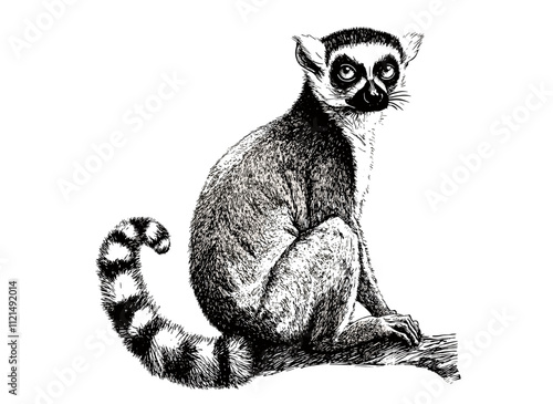 Trendy animal art, hand-drawn ring-tailed lemur in black sketch, vintage wildlife illustration, nature wall decor, lemur sketch print, wildlife art, lemur wall decor. photo